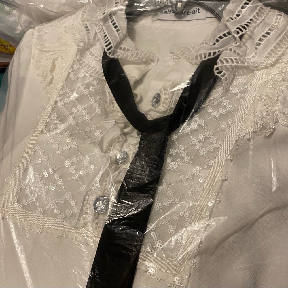 SELF-PORTRAIT WHITE SEQUIN RUFFLE FRILL COLLAR NECK BOW SHEER LONG SLEEVE TOP - Picture 4 of 16